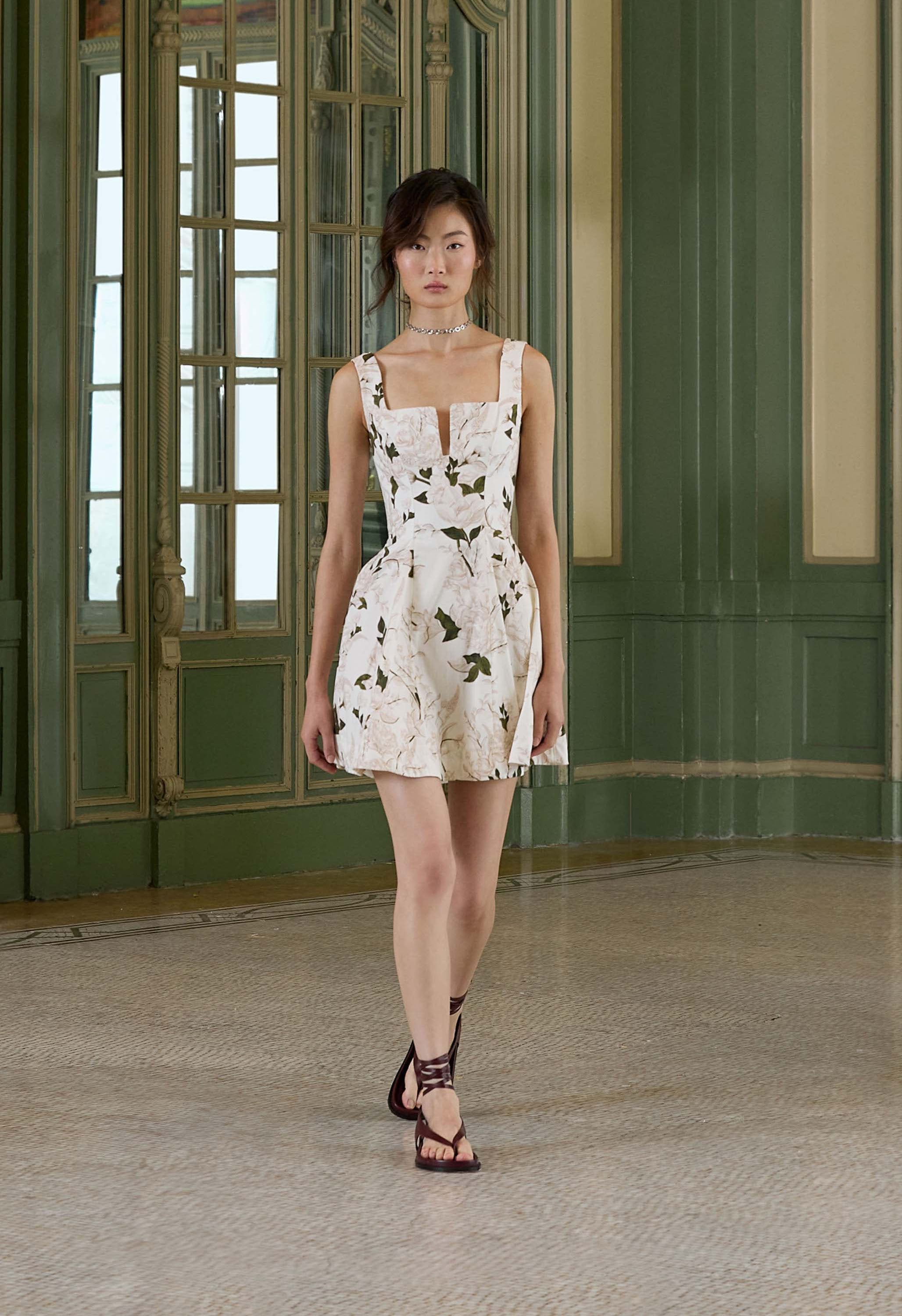 white christmas dresses Off White Floral Print Sleeveless Cotton Mini Dress