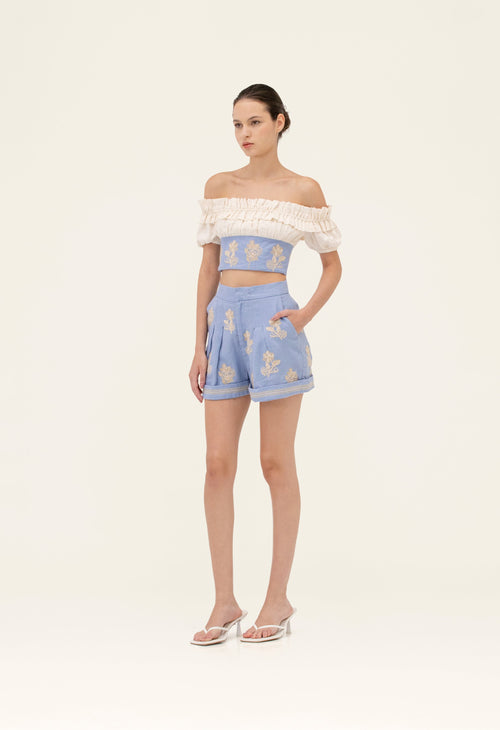☆AGUA by AGUA BENDITA☆ Florals 3D刺繍リネンショーツ♪ Floral high-rise linen shorts in multicoloured - Agua By